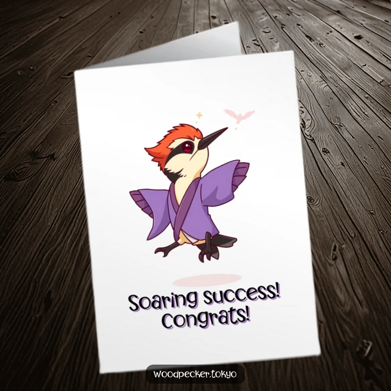 Funny Free Printable Congratulations Card: Woodpecker in purple kimono taking a joyful leap.