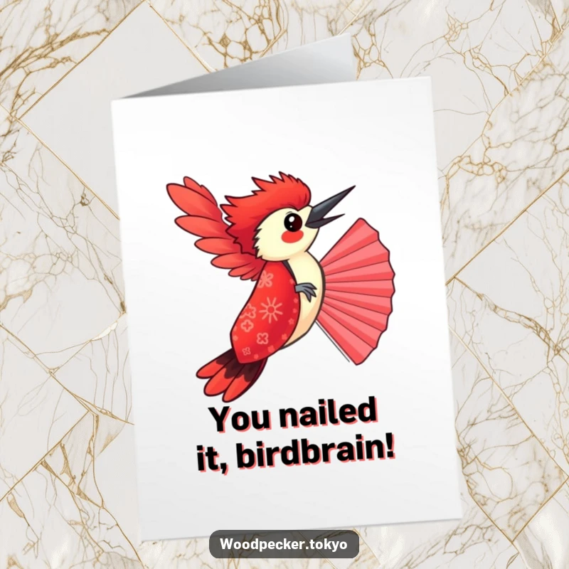 Funny Free Printable Congratulations Card: Woodpecker in red kimono skillfully balancing on a fan.