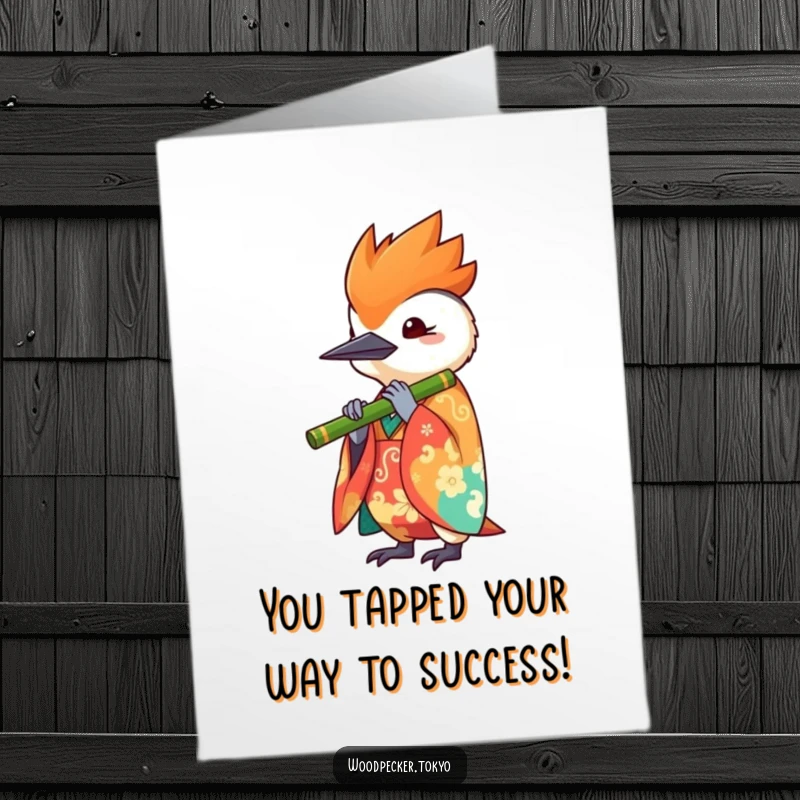 Funny Free Printable Congratulations Card showing a kawaii woodpecker in a vibrant kimono playing a bamboo flute joyfully.