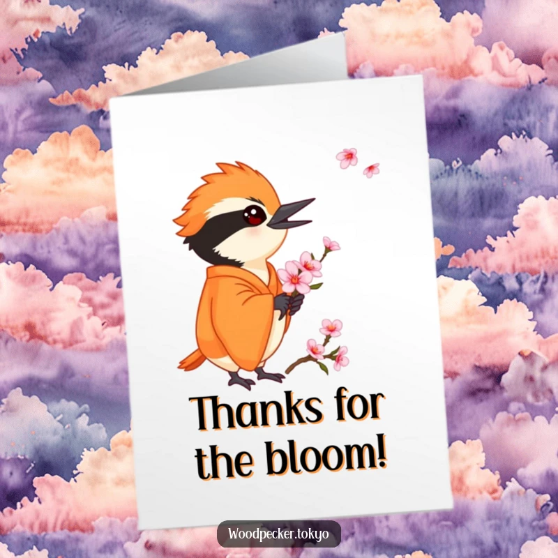 Funny Free Printable Thank You Card: Woodpecker in an orange kimono with a small cherry blossom.