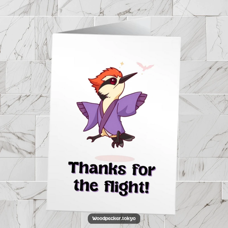 Funny Free Printable Thank You Card: A woodpecker in a purple kimono leaping with flapping sleeves.
