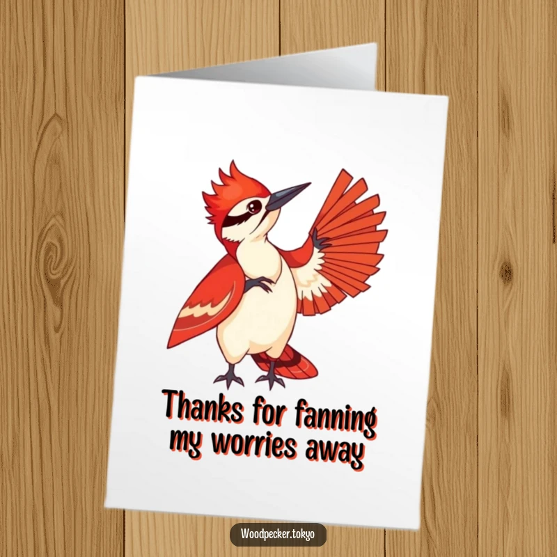 Funny Free Printable Thank You Card showing a woodpecker in a red kimono fanning itself elegantly.