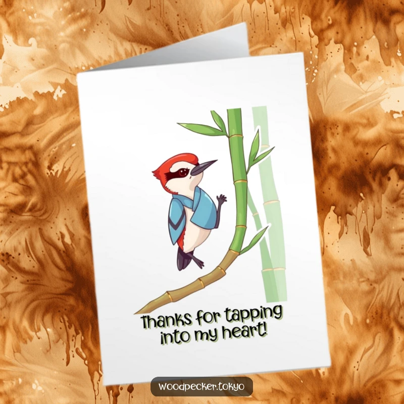 Funny Free Printable Thank You Card with a woodpecker in a blue kimono tapping bamboo, conveying thanks with gentle rhythm.