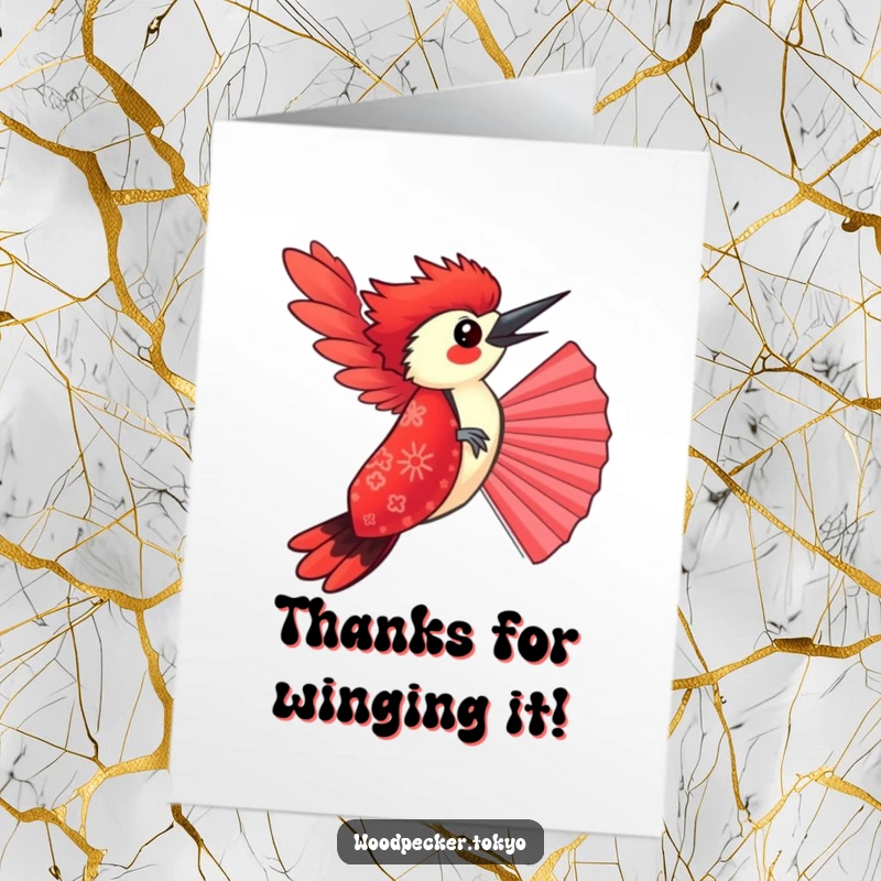 Funny Free Printable Thank You Card: Woodpecker in a red kimono wobbling on a fan.