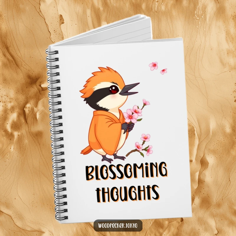 Funny Orange Kimono Woodpecker Holding a Cherry Blossom delicately, ruled notebook pages. This humorous stationery inspires creativity.