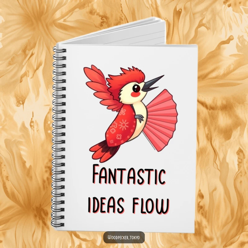Funny Red Kimono Woodpecker Balancing on a Fan, ruled notebook pages. This humorous stationery encourages creativity.