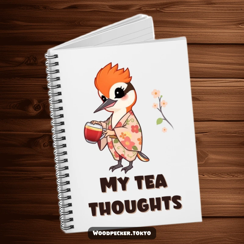 Funny notebook with a cheerful woodpecker in a floral kimono pouring tea on the cover, ideal for journaling and note-taking with an elegant theme.