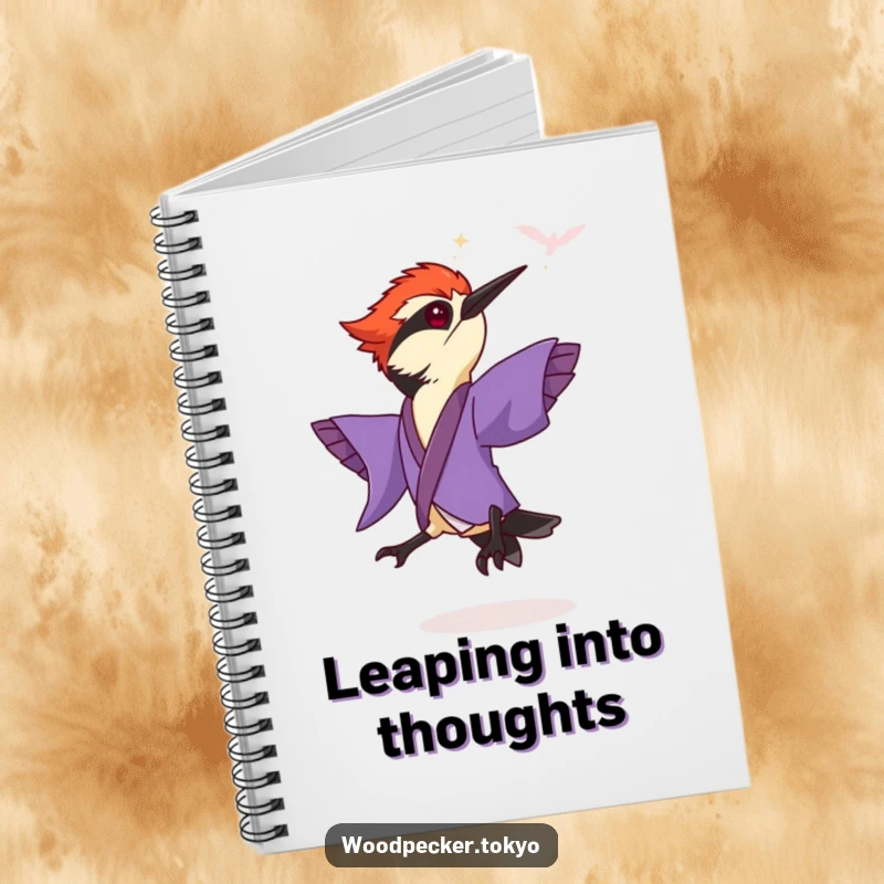 Funny Purple Kimono Woodpecker Leaping dynamically, ruled notebook pages. This humorous stationery inspires creativity.
