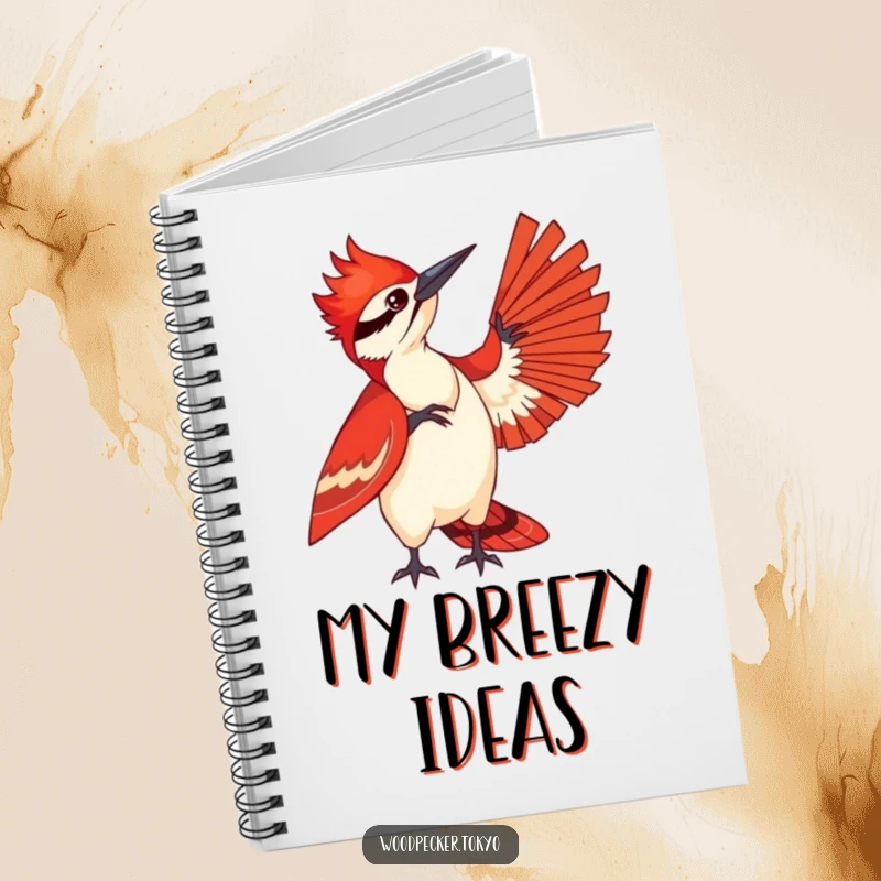 Funny notebook with a woodpecker in a red kimono fanning itself on the cover, ideal for journaling and note-taking with a cool and stylish theme.