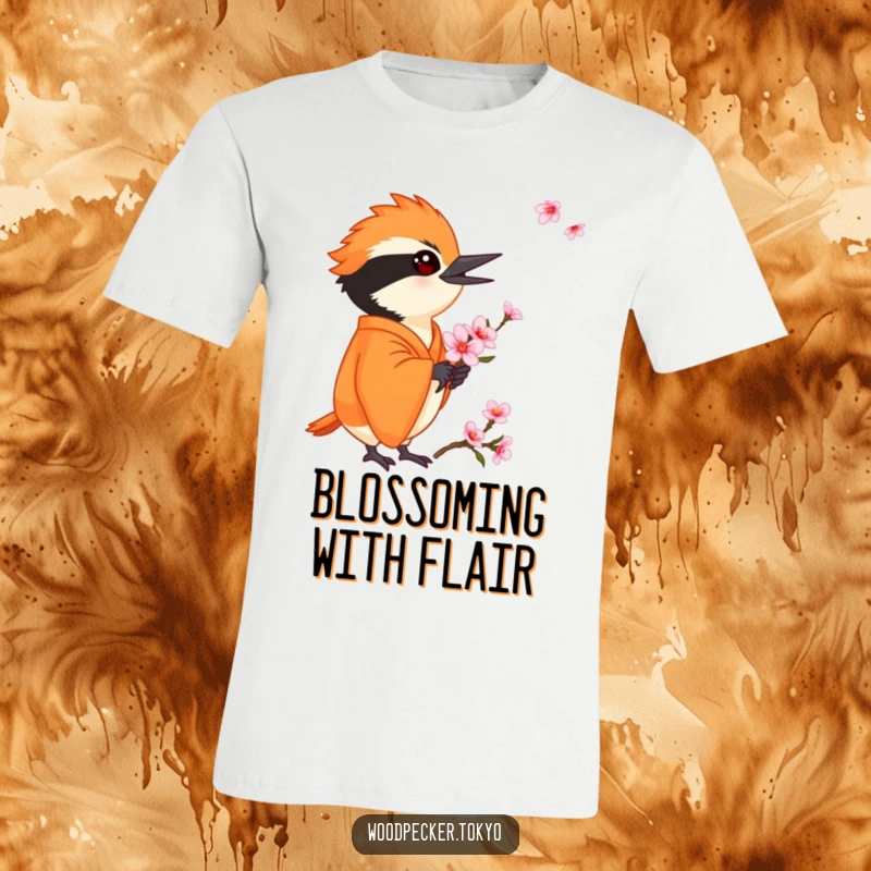 Funny Orange Kimono Woodpecker Holding a Cherry Blossom delicately, floral t-shirt design. This humorous apparel is elegantly charming.