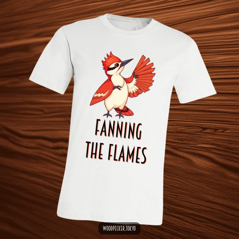 Funny t-shirt showcasing a woodpecker in a striking red kimono playfully fanning itself, representing a cool and stylish attitude.