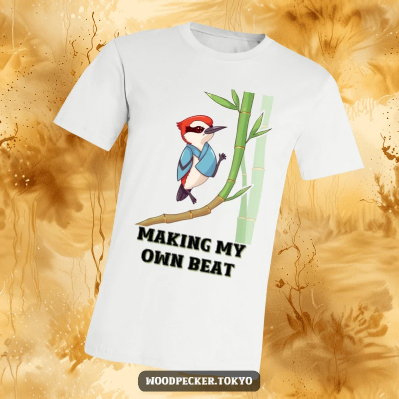 Funny Woodpecker Kimono T-Shirt: A humorous graphic of a woodpecker in a blue kimono tapping bamboo, blending nature and artistic flair.