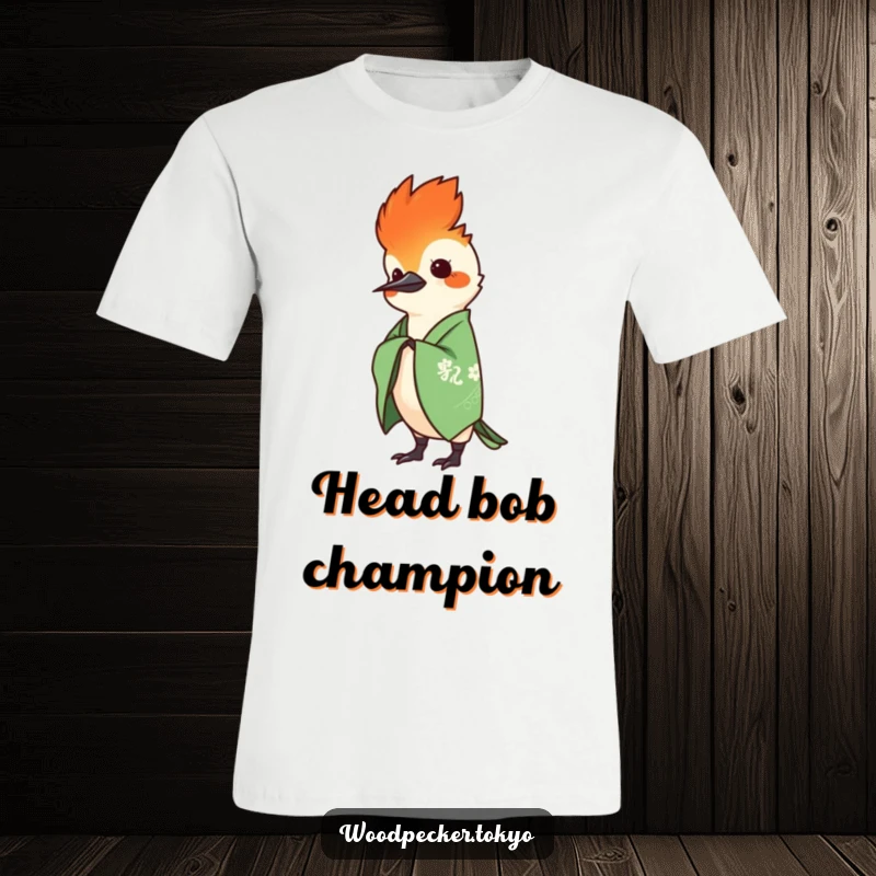 Funny Green Kimono Woodpecker Head Bobbing elegantly, stylish t-shirt design. This humorous apparel is full of personality.