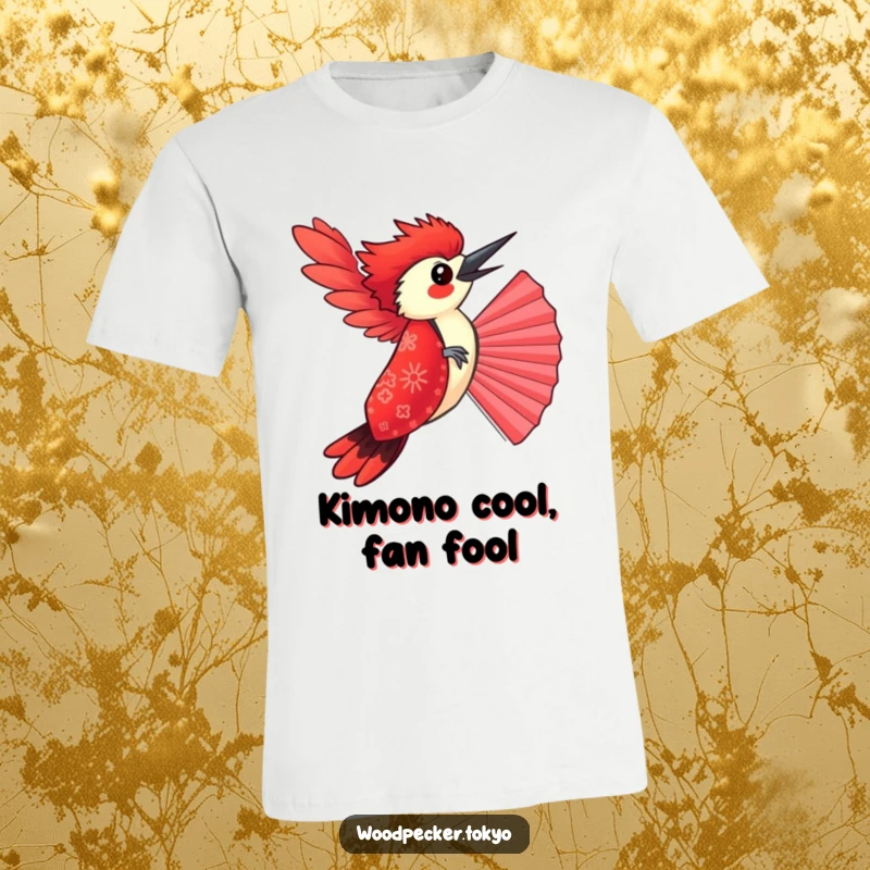 Funny Red Kimono Woodpecker Balancing on a Fan, mid-performance. This humorous t-shirt design is full of character and charm.