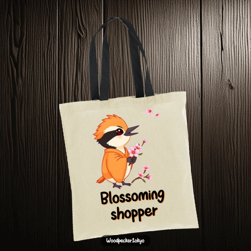 Funny Orange Kimono Woodpecker Holding a Cherry Blossom gently, functional tote bag. This humorous accessory carries spring vibes.