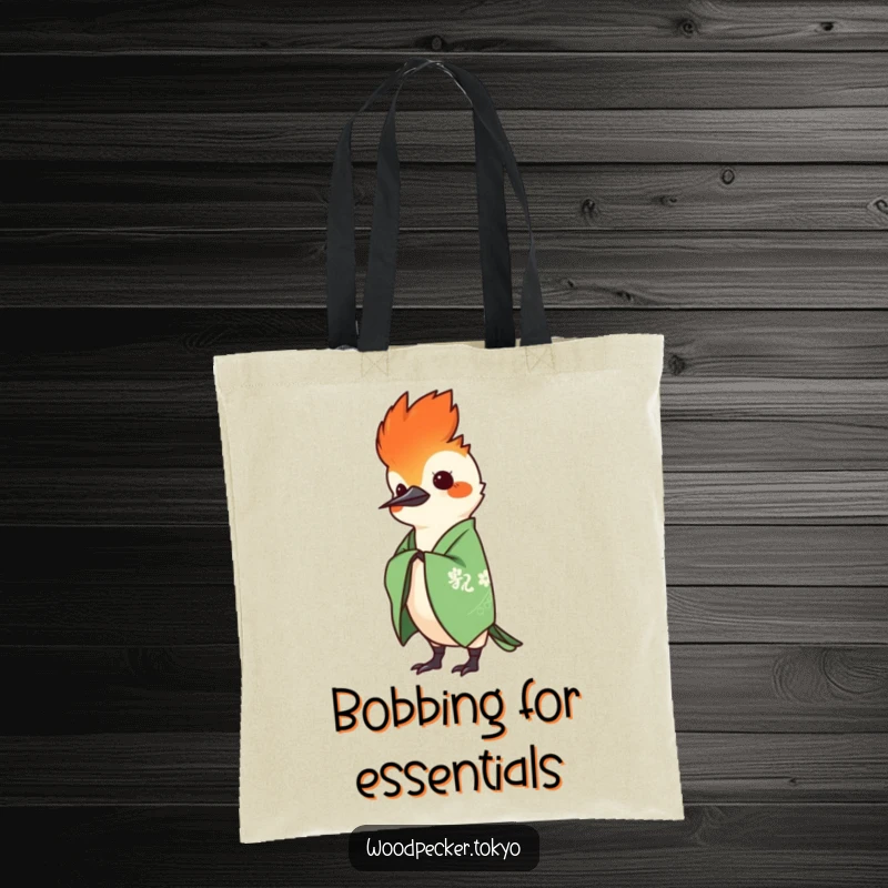 Funny Green Kimono Woodpecker Head Bobbing gracefully, functional tote bag. This humorous accessory is perfect for shopping.