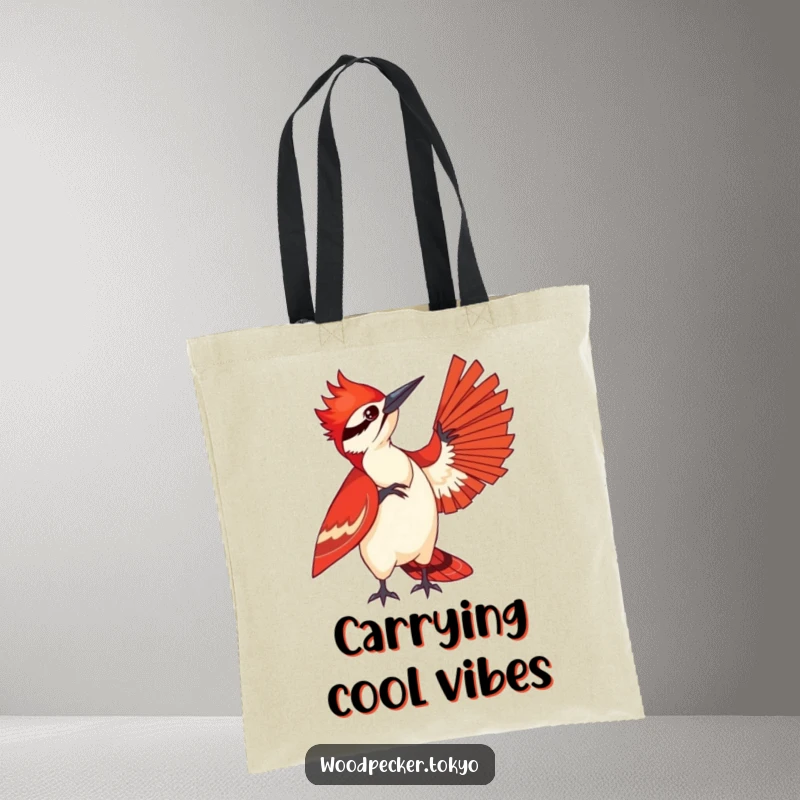 Funny tote bag featuring a woodpecker in a striking red kimono playfully fanning itself, perfect for carrying items with stylish attitude.