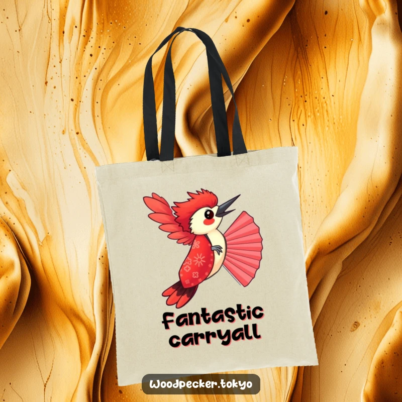 Funny Red Kimono Woodpecker Balancing on a Fan, durable tote bag design. This humorous accessory is both practical and amusing.