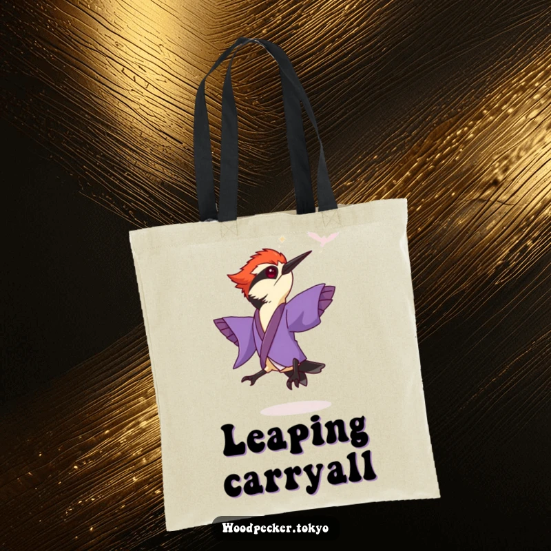 Funny Purple Kimono Woodpecker Leaping dynamically, functional tote bag. This humorous accessory adds flair to errands.