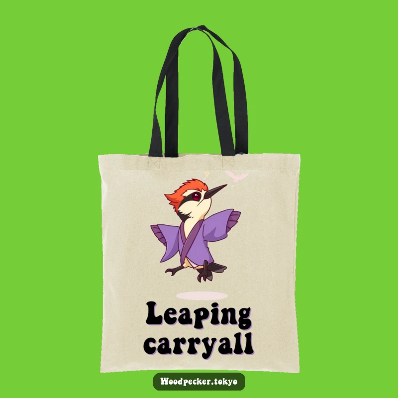 Funny Purple Kimono Woodpecker Leaping Tote Bag: Stylish Carry-all with a Kick